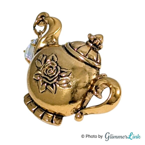 Vintage 1994 Avon Tea Time Tac Pin Gold Teapot Brooch Crystal Drop Book Piece - Picture 3 of 8